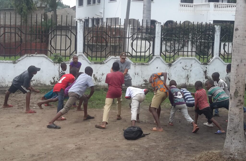 Photograph of a sports lesson outside.